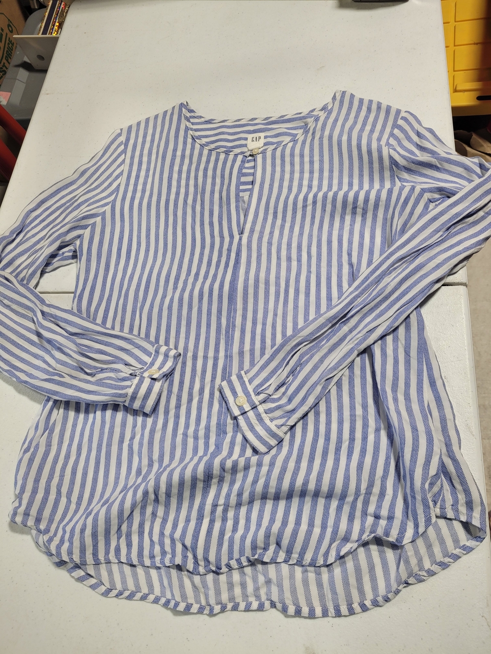 GAP Blue and White Striped Long-Sleeve Popover Blouse